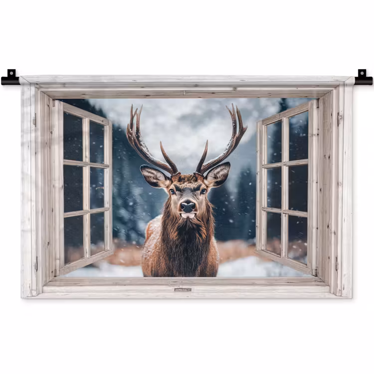 Wandkleed - Hert - Dieren - Landschap - Winter - Sneeuw - Doorkijk - Natuur — 1