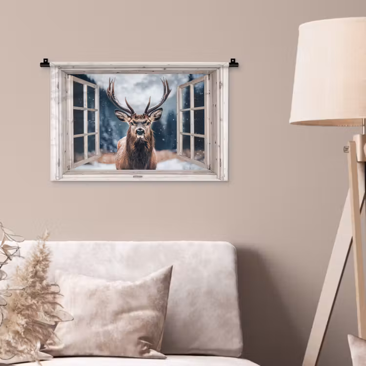 Wandkleed - Hert - Dieren - Landschap - Winter - Sneeuw - Doorkijk - Natuur — 2