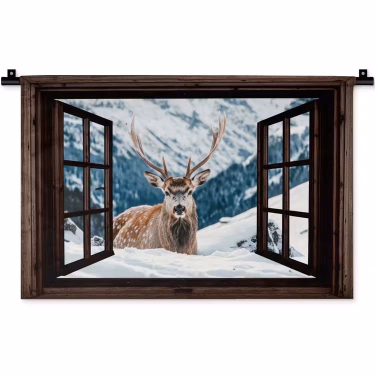 Wandkleed - Hert - Landschap - Winter - Natuur - Dieren - Doorkijk - Bergen — 1