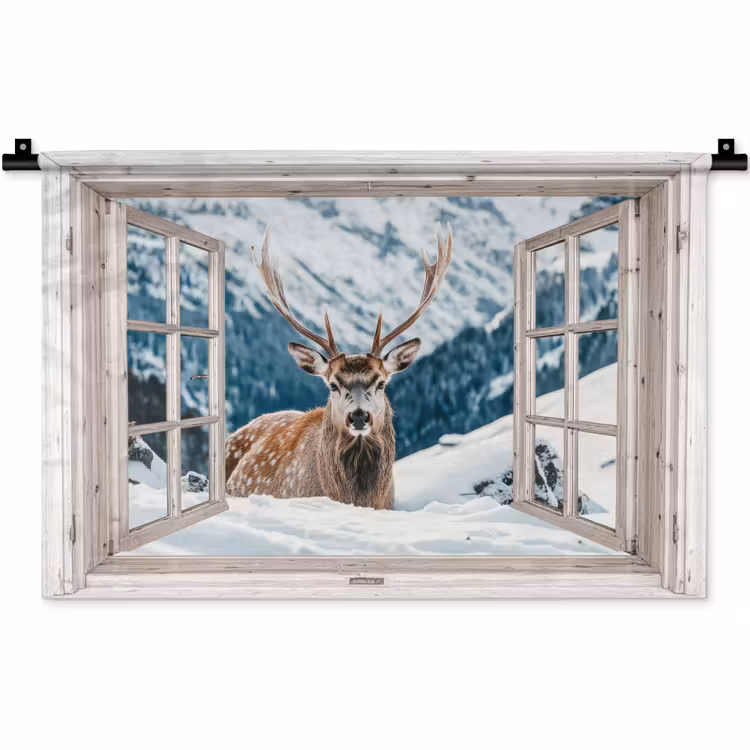 Wandkleed - Hert - Winterlandschap - Natuur - Dieren - Doorkijk - Bergen — 1