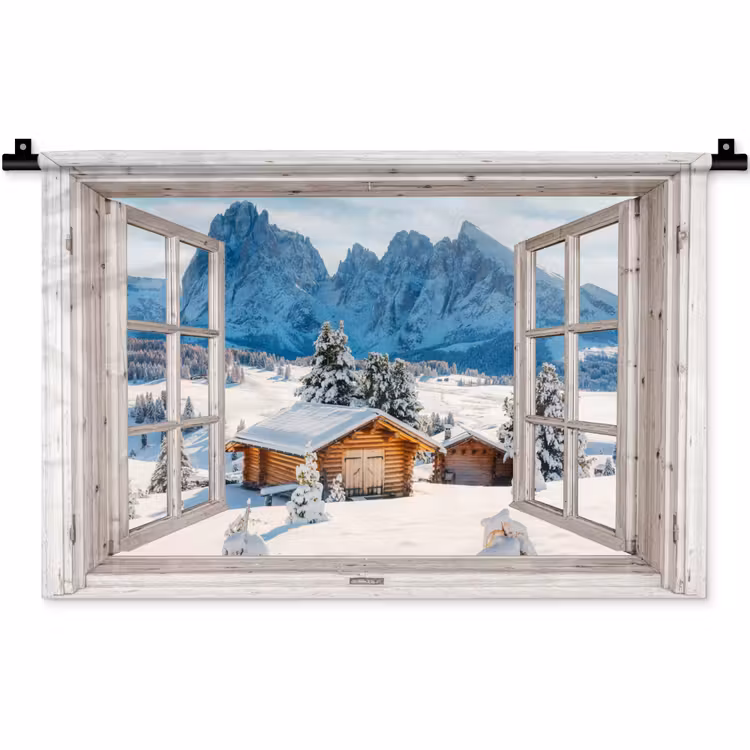Wandkleed - Winterlandschap - Huisje - Bergen - Uitzicht - Doorkijk - Natuur — 1