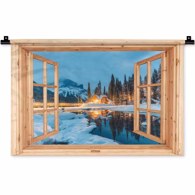 Wandkleed - Winterlandschap - Natuur - Huis - Bergen - Doorkijk - Raam — 1