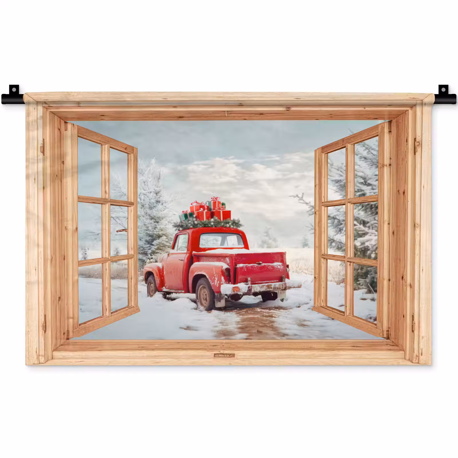 Wandkleed - Doorkijk - Auto - Kerst - Cadeaus - Winter - Landschap — 1