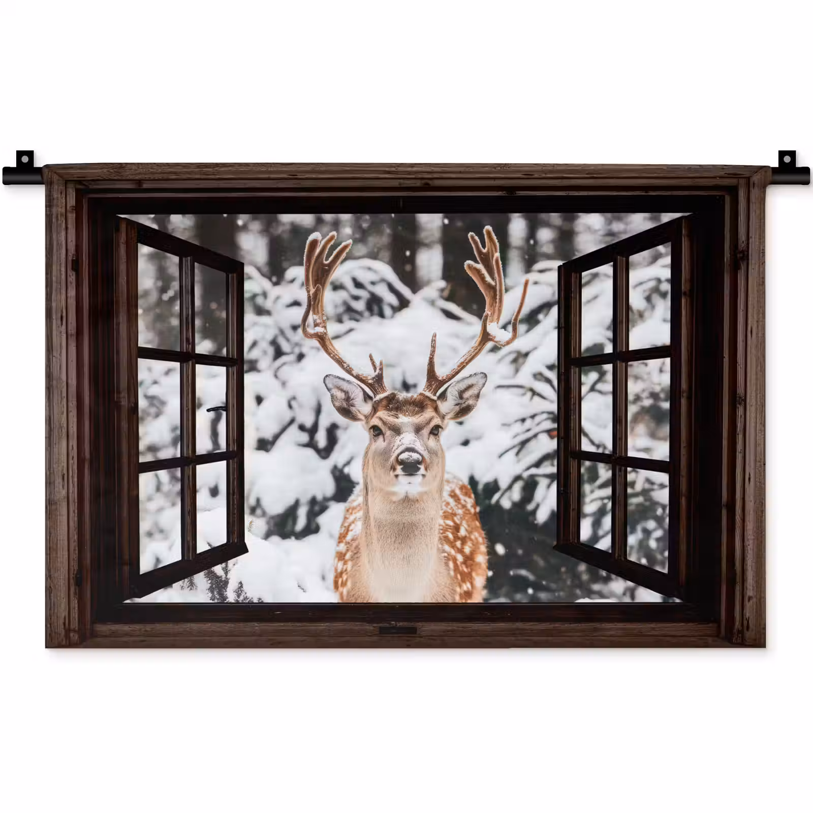 Wandkleed - Hert - Sneeuw - Winter - Bos - Dieren - Doorkijk — 1