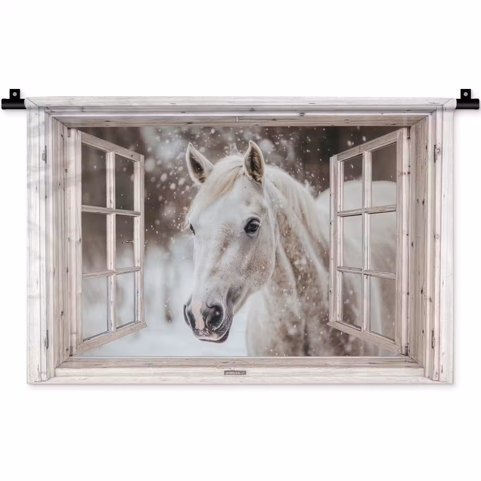 Wandkleed - Paard - Wit - Winter - Sneeuw - Doorkijk - Dieren — 1