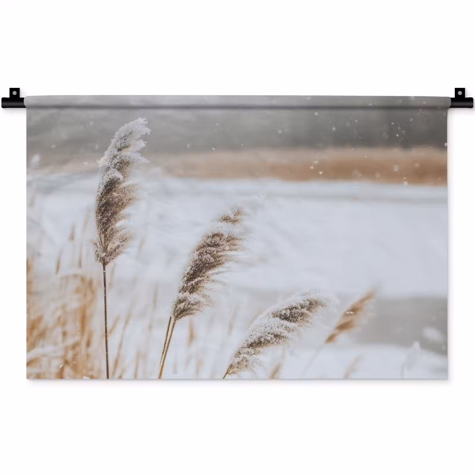 Wandkleed - Riet - Meer - Winter - Natuur - Sneeuw - Beige — 1