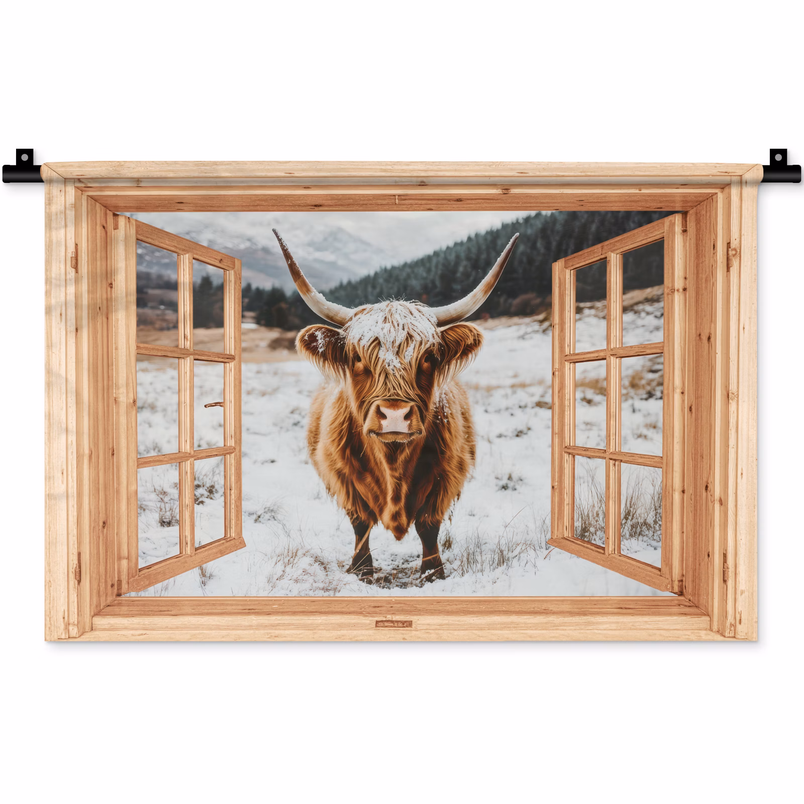 Wandkleed - Schotse Hooglander - Landschap - Landelijk - Bergen - Winter - Doorkijk — 1