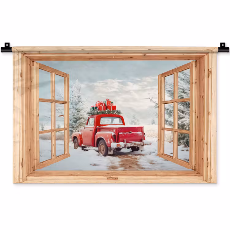 Wandkleed - Doorkijk - Auto - Kerst - Cadeaus - Winter - Landschap — 1