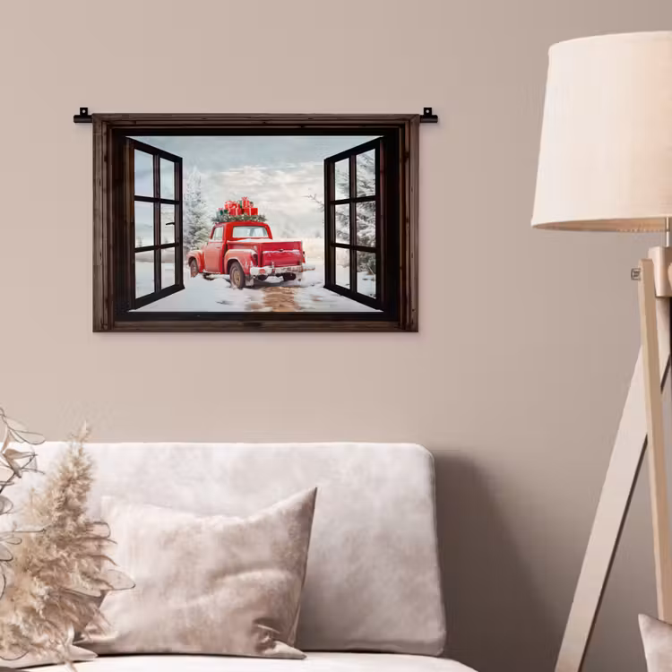 Wandkleed - Doorkijk - Auto - Rood - Cadeaus - Winterlandschap - Kerst — 2