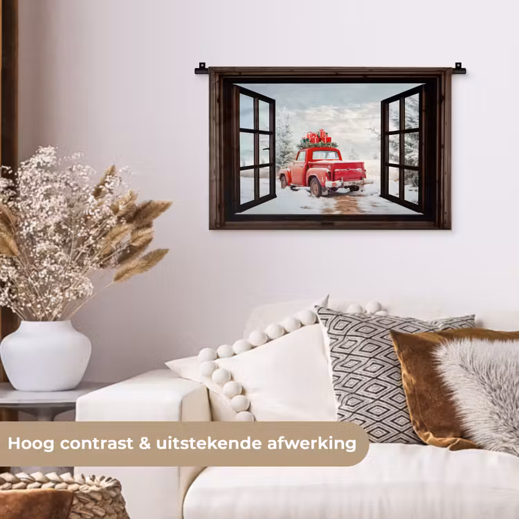 Wandkleed - Doorkijk - Auto - Rood - Cadeaus - Winterlandschap - Kerst — 4