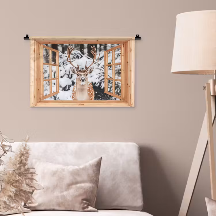 Wandkleed - Doorkijk - Hert - Sneeuw - Winter - Bos - Dieren — 2
