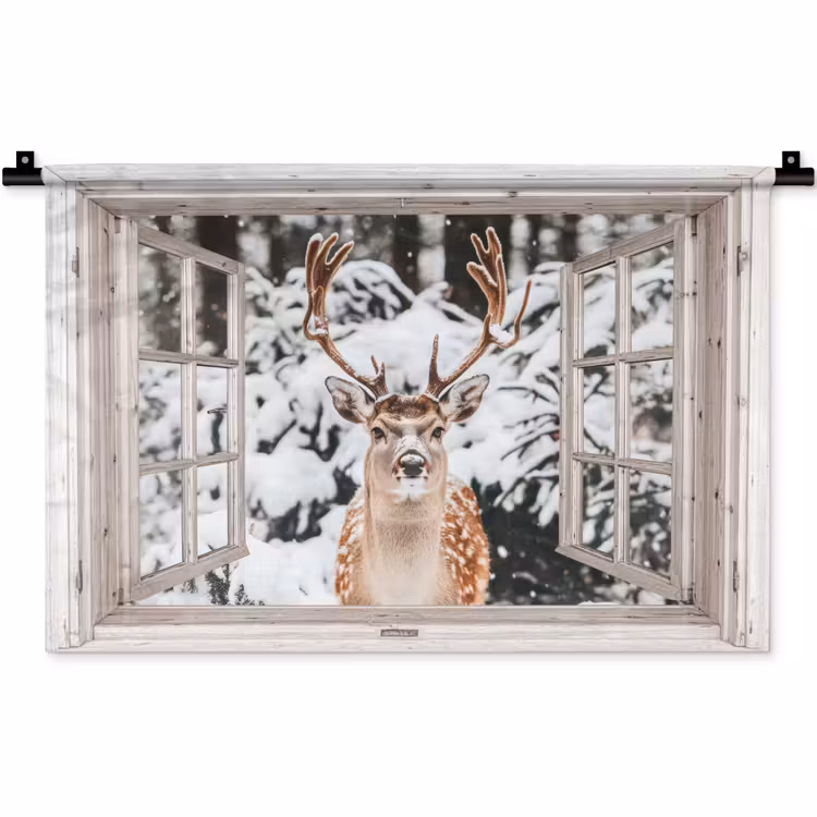 Wandkleed - Doorkijk - Hert - Sneeuw - Winter - Bos - Dieren - Natuur — 1