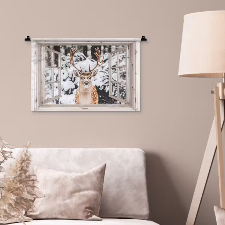 Wandkleed - Doorkijk - Hert - Sneeuw - Winter - Bos - Dieren - Natuur — 2