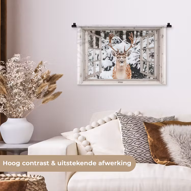 Wandkleed - Doorkijk - Hert - Sneeuw - Winter - Bos - Dieren - Natuur — 4