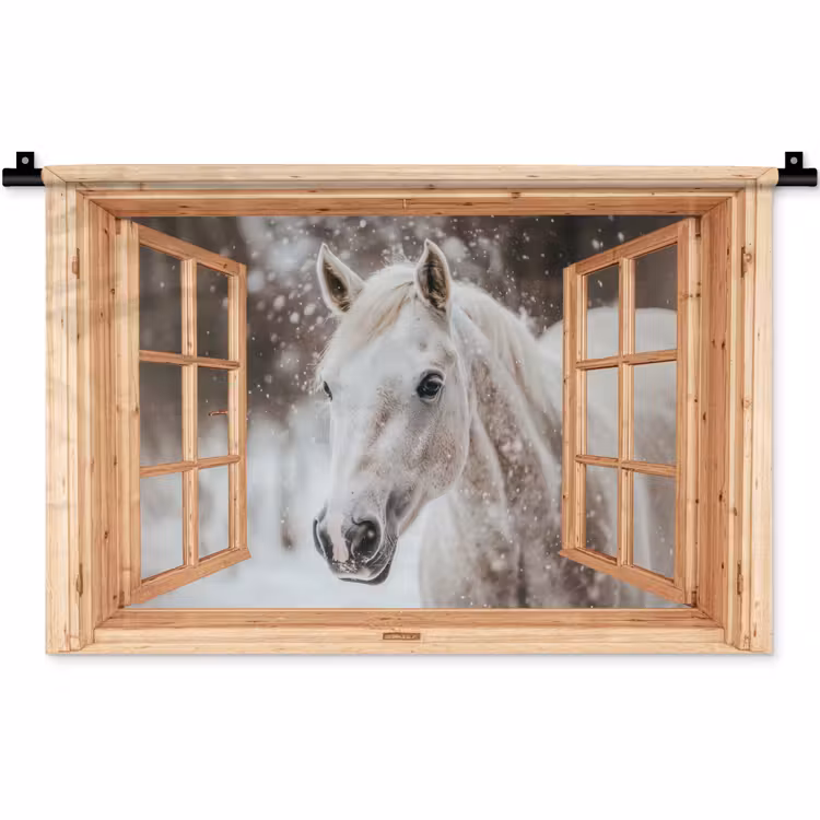 Wandkleed - Doorkijk - Paard - Wit - Winter - Sneeuw - Dieren — 1