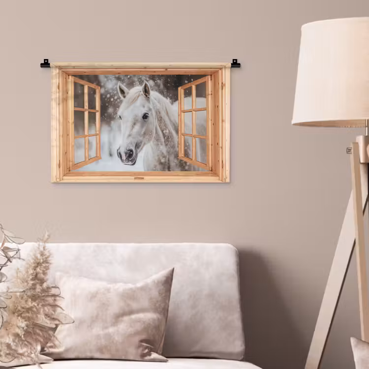 Wandkleed - Doorkijk - Paard - Wit - Winter - Sneeuw - Dieren — 2
