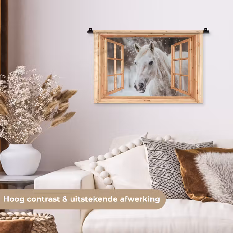 Wandkleed - Doorkijk - Paard - Wit - Winter - Sneeuw - Dieren — 4