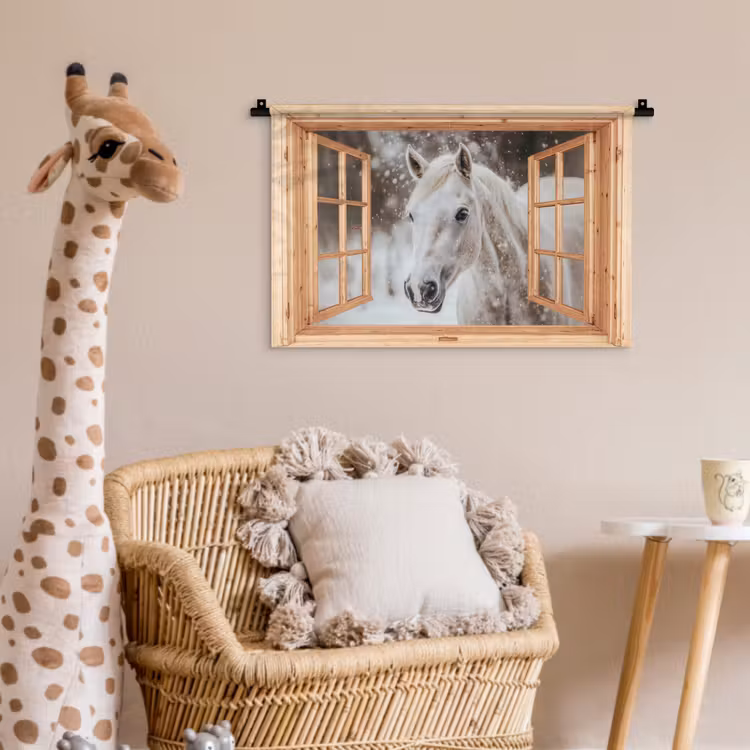 Wandkleed - Doorkijk - Paard - Wit - Winter - Sneeuw - Dieren — 5
