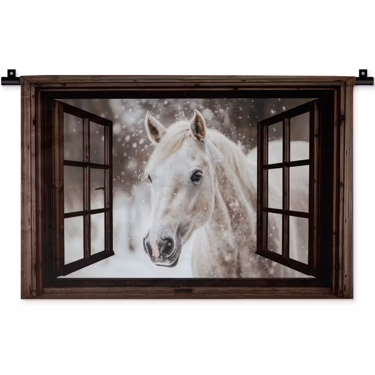 Wandkleed - Doorkijk - Paard - Wit - Winterlandschap - Sneeuw — 1