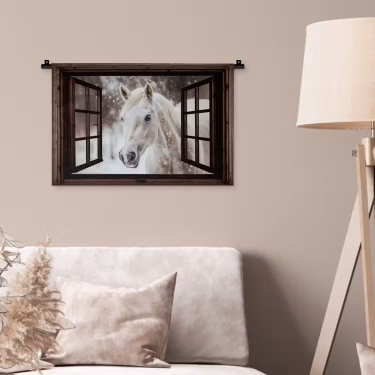 Wandkleed - Doorkijk - Paard - Wit - Winterlandschap - Sneeuw — 2