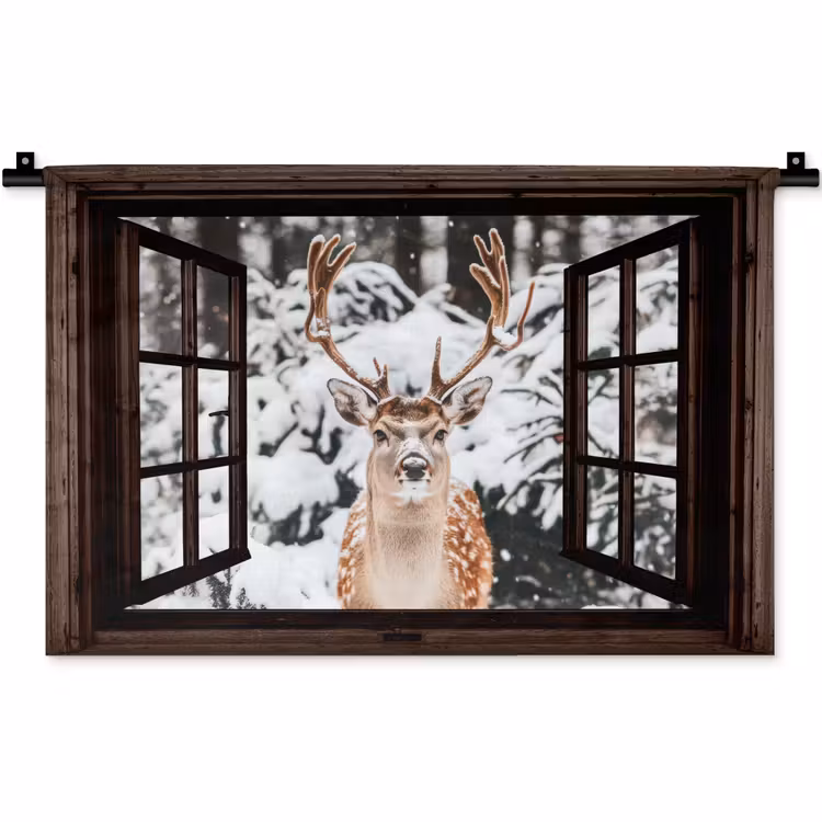 Wandkleed - Hert - Sneeuw - Winter - Bos - Dieren - Doorkijk — 1