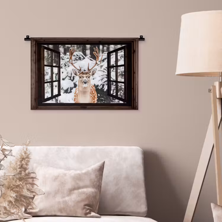 Wandkleed - Hert - Sneeuw - Winter - Bos - Dieren - Doorkijk — 2