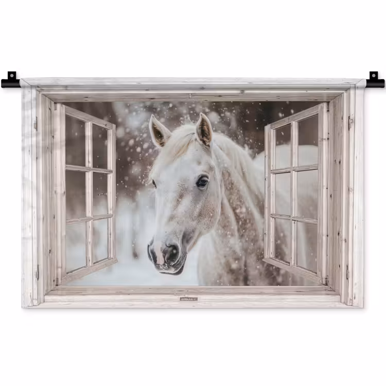 Wandkleed - Paard - Wit - Winter - Sneeuw - Doorkijk - Dieren — 1