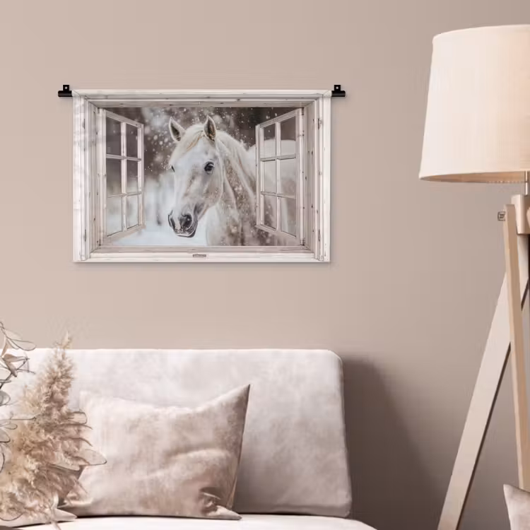 Wandkleed - Paard - Wit - Winter - Sneeuw - Doorkijk - Dieren — 2