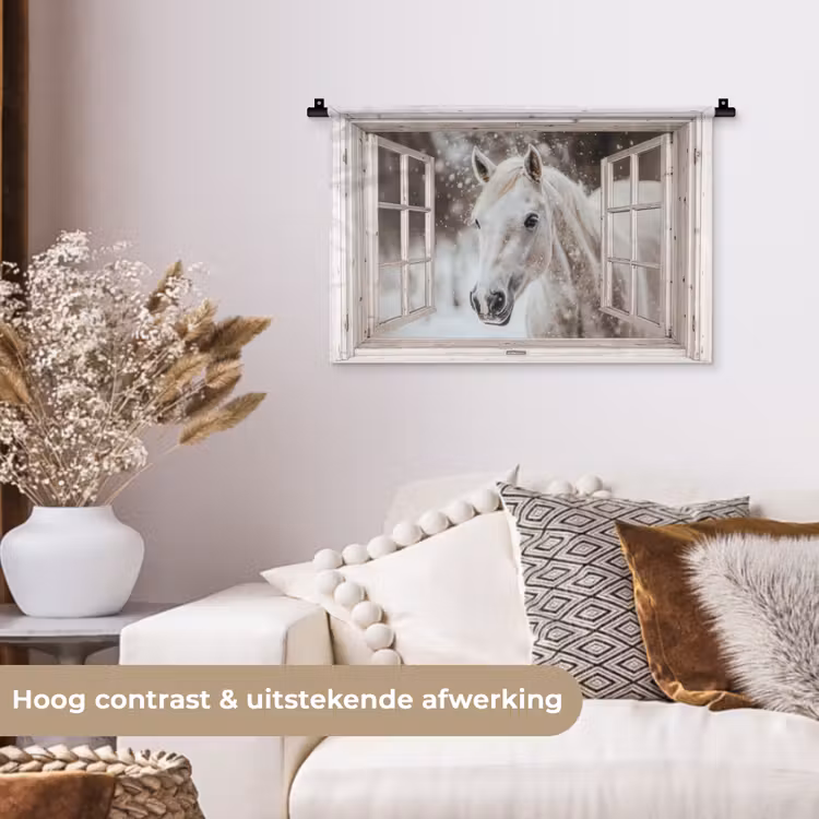 Wandkleed - Paard - Wit - Winter - Sneeuw - Doorkijk - Dieren — 4