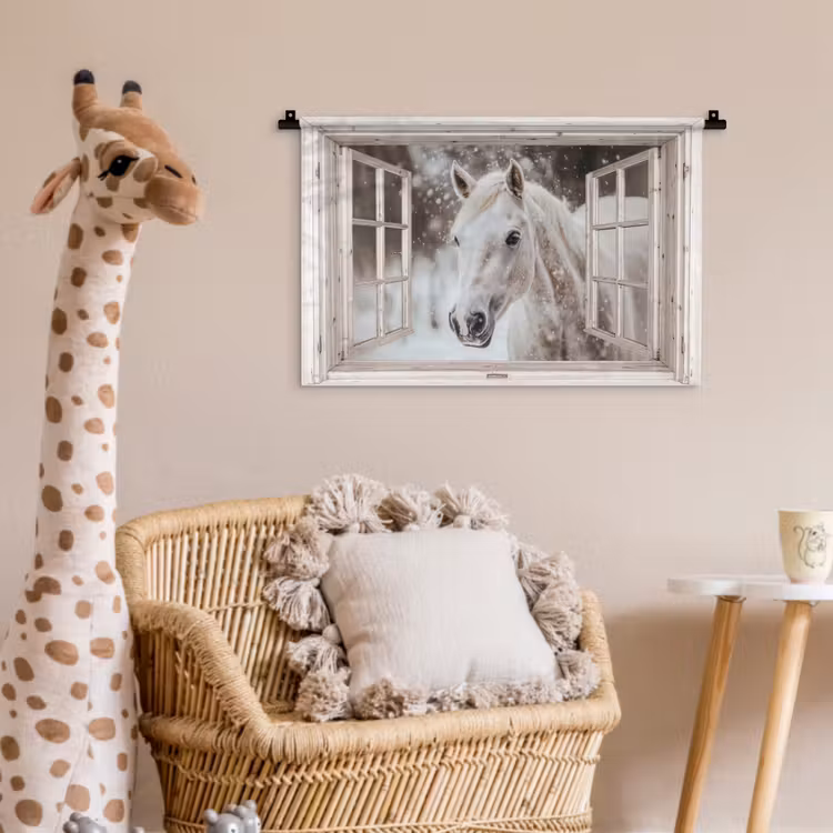 Wandkleed - Paard - Wit - Winter - Sneeuw - Doorkijk - Dieren — 5