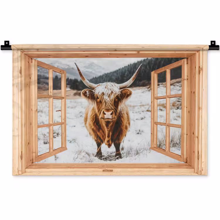 Wandkleed - Schotse Hooglander - Landschap - Landelijk - Bergen - Winter - Doorkijk — 1