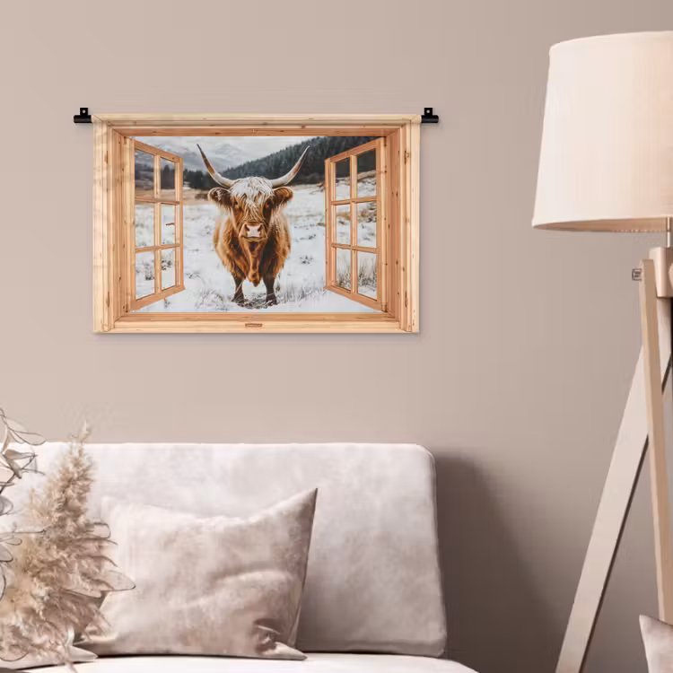Wandkleed - Schotse Hooglander - Landschap - Landelijk - Bergen - Winter - Doorkijk — 2