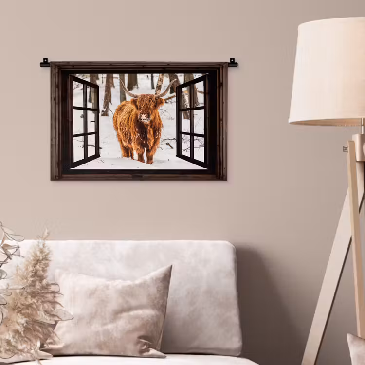 Wandkleed - Schotse Hooglander - Sneeuw - Natuur - Dieren - Doorkijk - Winter — 2