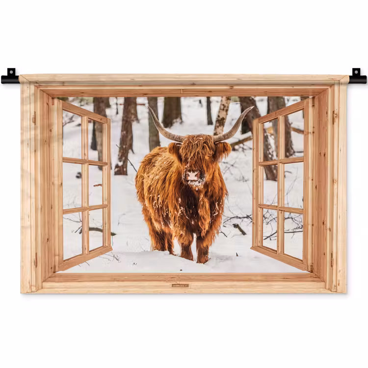 Wandkleed - Schotse Hooglander - Winter - Landschap - Natuur - Dieren - Doorkijk — 1