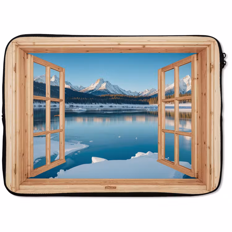 Laptophoes Doorkijk - Landschap - Winter - Meer - Bergen - Uitzicht — 1