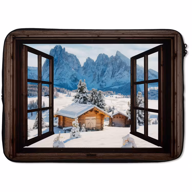 Laptophoes Doorkijk - Winter - Landschap - Huisje - Bergen — 1