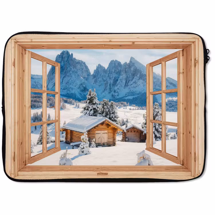 Laptophoes Doorkijk - Winterlandschap - Huisje - Bergen - Uitzicht — 1