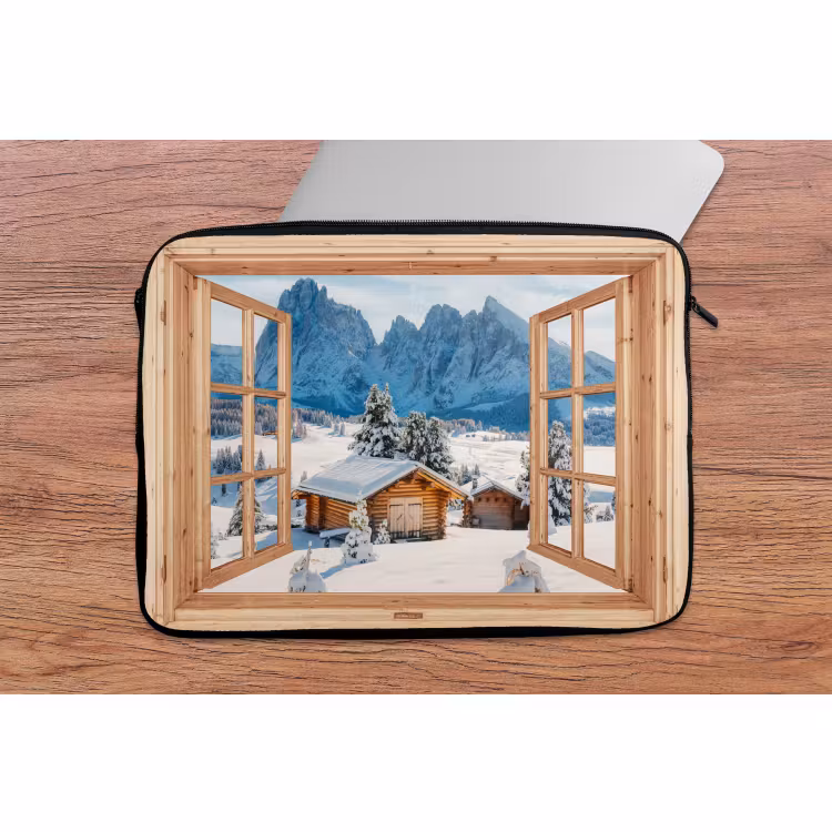 Laptophoes Doorkijk - Winterlandschap - Huisje - Bergen - Uitzicht — 2