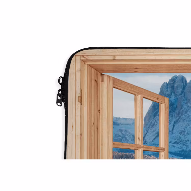 Laptophoes Doorkijk - Winterlandschap - Huisje - Bergen - Uitzicht — 5