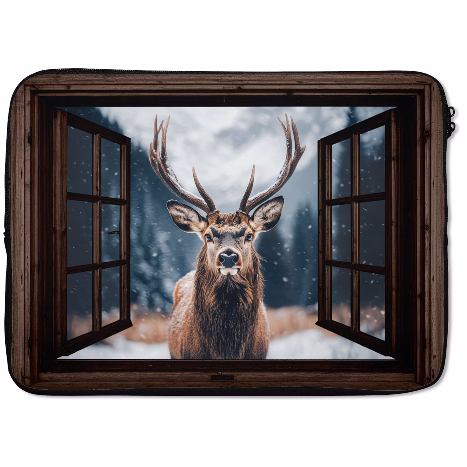Laptophoes Doorkijk - Hert - Dieren - Landschap - Winter - Sneeuw - Landelijk — 1