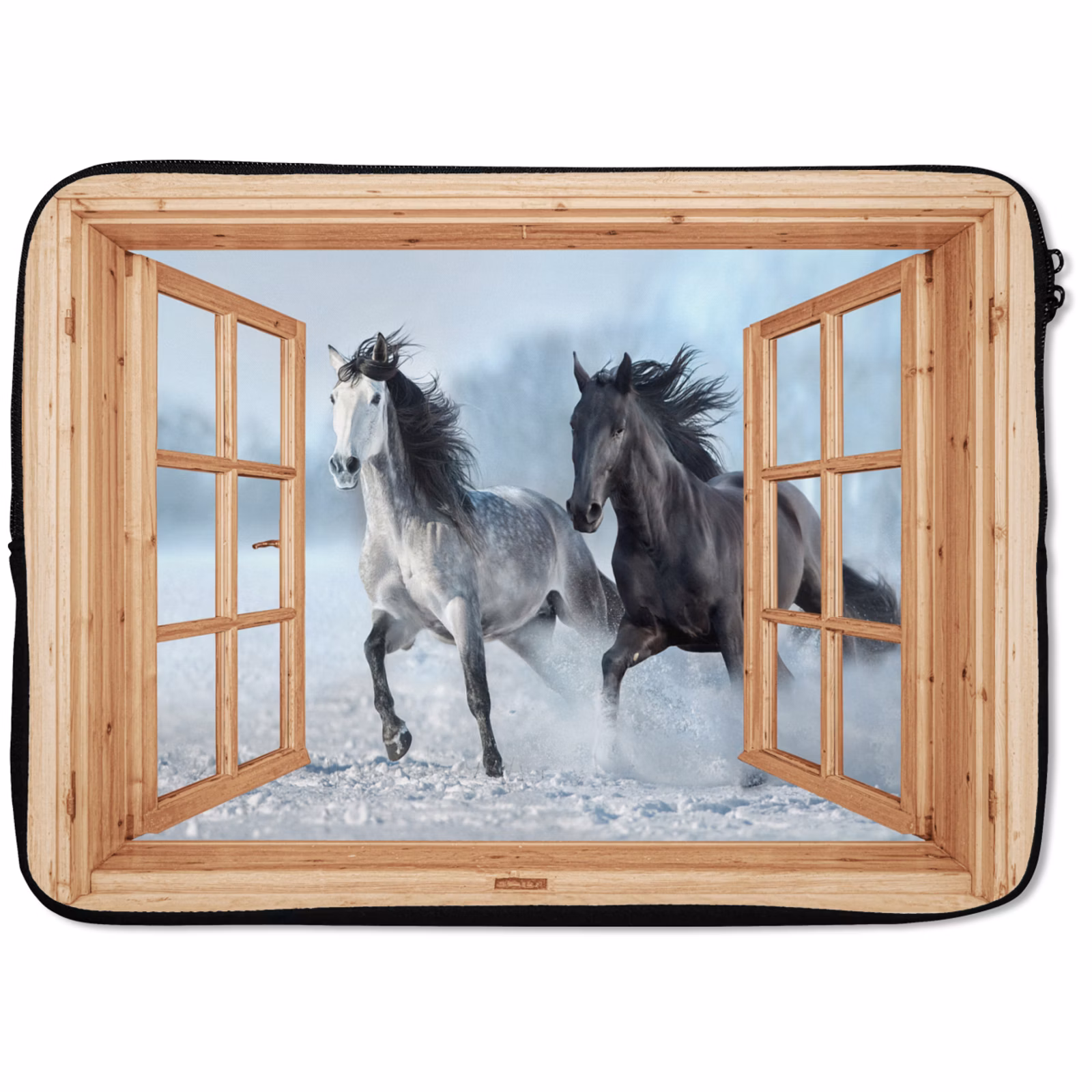 Laptophoes Doorkijk - Paarden - Winter - Dieren - Natuur - Hout — 1