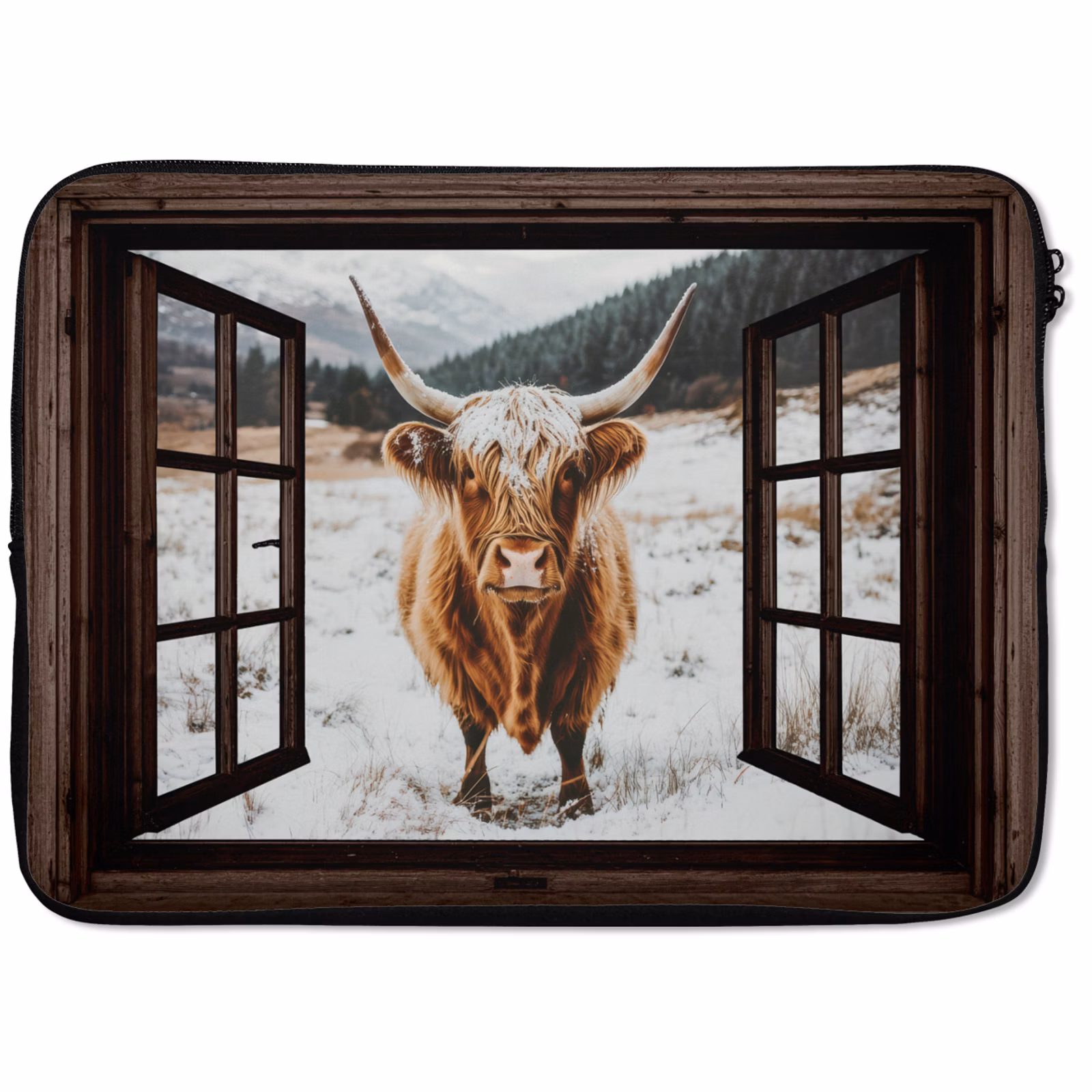 Laptophoes Schotse Hooglander - Landschap - Landelijk - Bergen - Winter - Doorkijk - Donker — 1