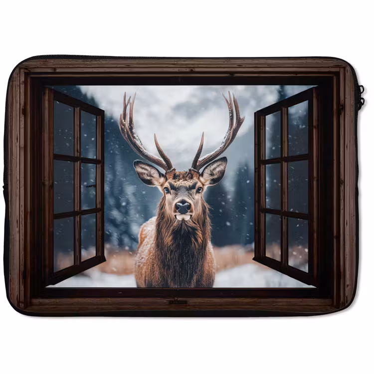 Laptophoes Doorkijk - Hert - Dieren - Landschap - Winter - Sneeuw - Landelijk — 1