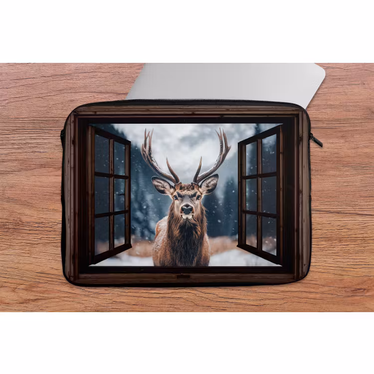Laptophoes Doorkijk - Hert - Dieren - Landschap - Winter - Sneeuw - Landelijk — 2