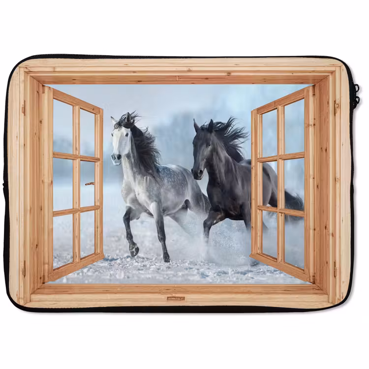 Laptophoes Doorkijk - Paarden - Winter - Dieren - Natuur - Hout — 1