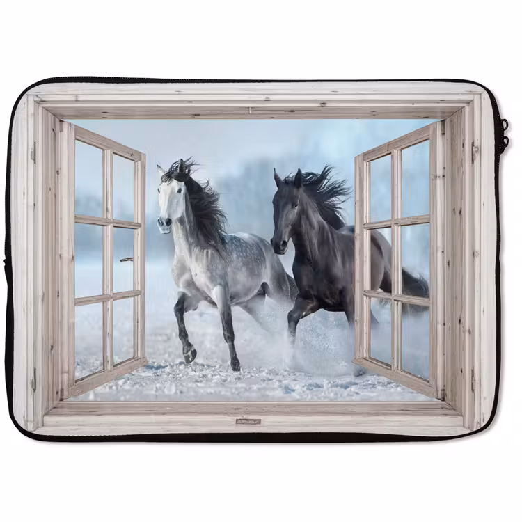 Laptophoes Doorkijk - Paarden - Winter - Dieren - Natuur - Wit — 1