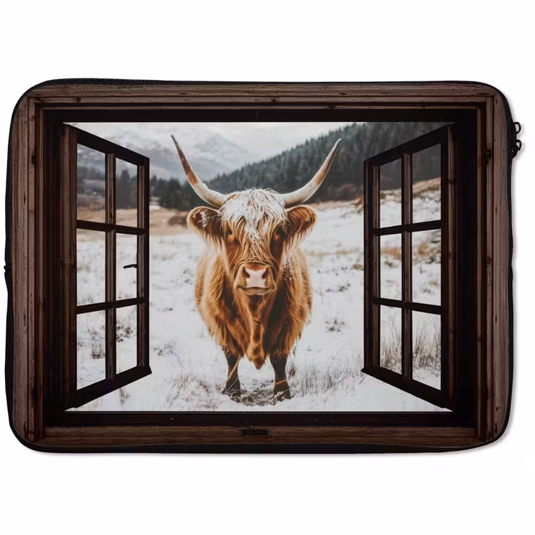 Laptophoes Schotse Hooglander - Landschap - Landelijk - Bergen - Winter - Doorkijk - Donker — 1