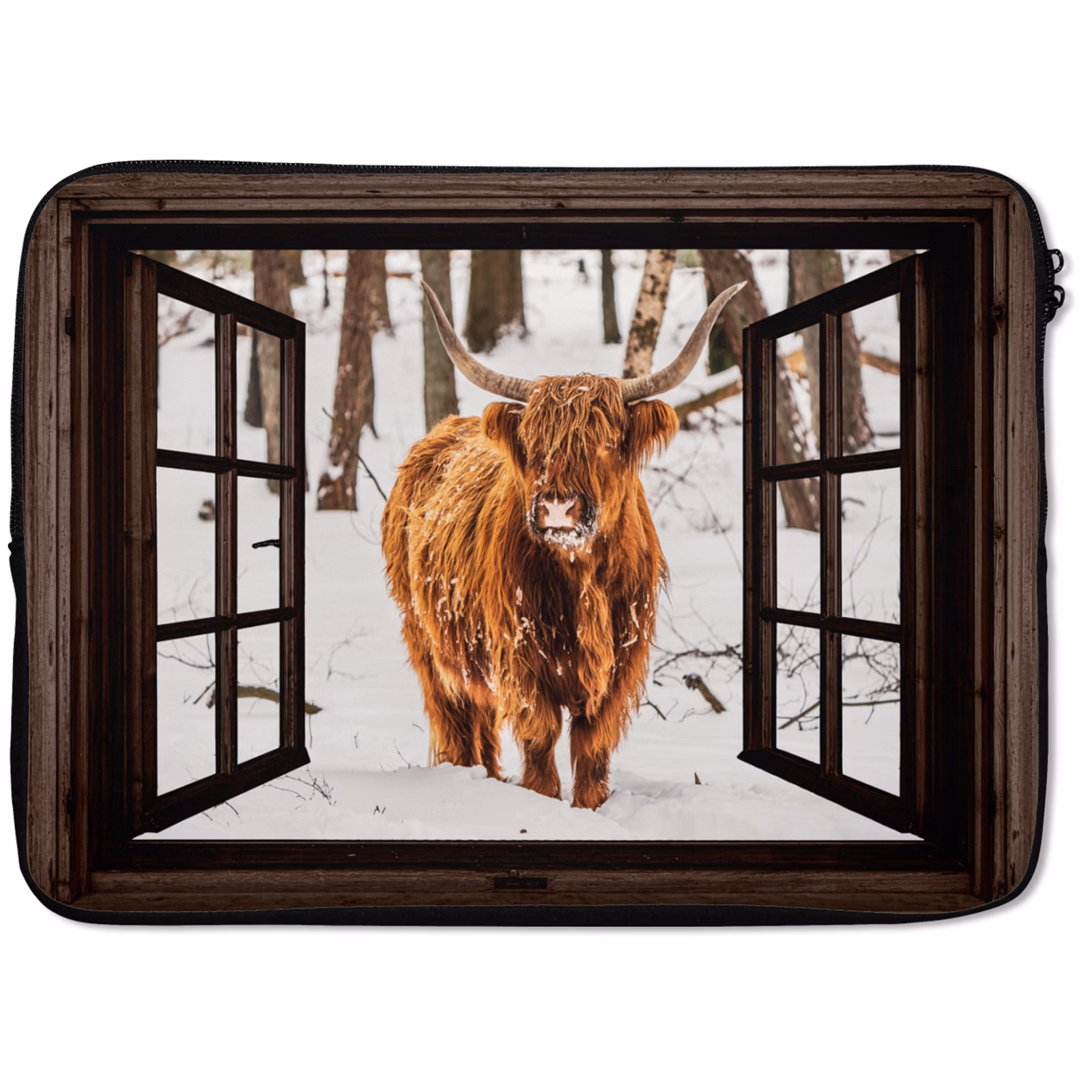 Laptophoes Schotse Hooglander - Sneeuw - Natuur - Dieren - Doorkijk - Winter — 1