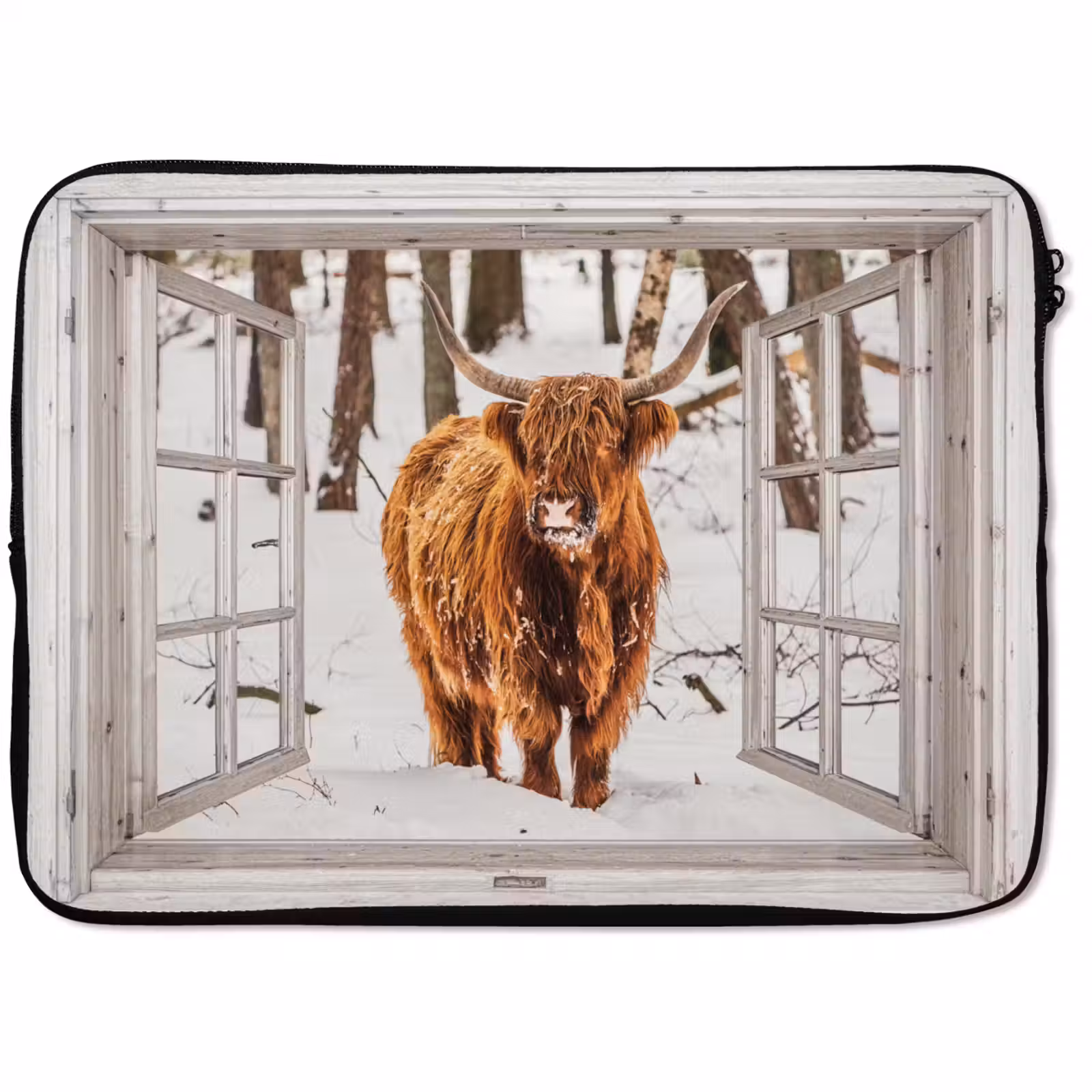 Laptophoes Schotse Hooglander - Sneeuw - Winter - Natuur - Dier - Doorkijk - Landelijk — 1