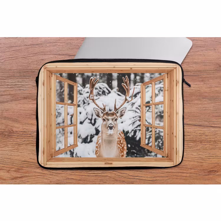 Laptophoes Doorkijk - Hert - Sneeuw - Winter - Bos - Dieren — 2